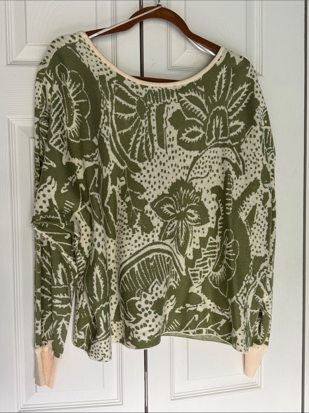 Anthropologie Olive Green and Cream Floral Knit Sweater